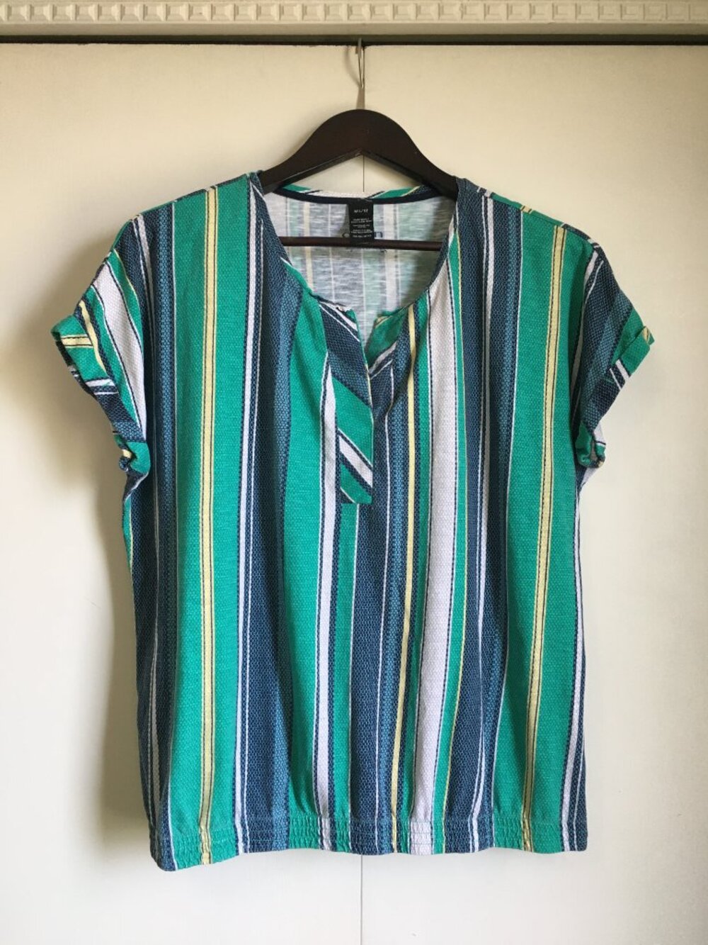 Olsen 100% Organic Cotton Box Tee Stripes Green Blue Yellow White - ML/12